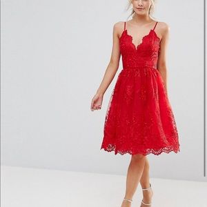 Chi chi London scalloped lace red midi dress